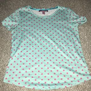 Teal and pink polka dot shirt